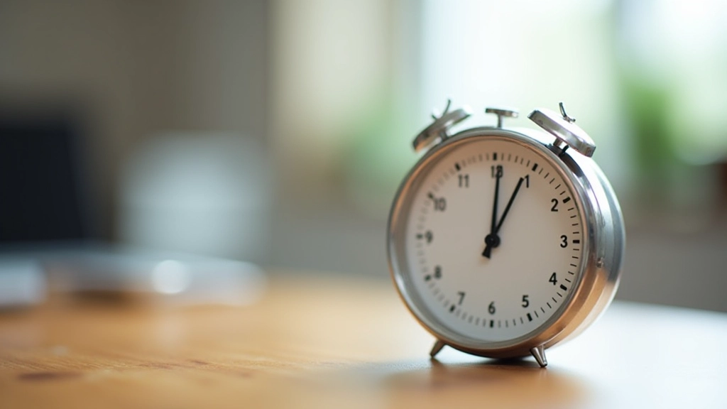 Close-up of analog timer on desk, 25-minute mark visible, focused work environment