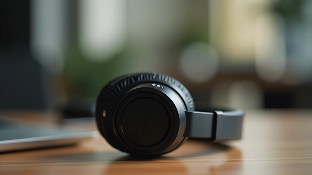 Noise-cancelling headphones and headphones on wooden desk in office setting