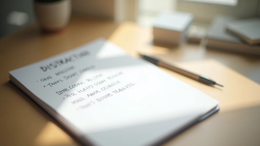 Notebook with written distraction triggers identified, reflection and analysis tool for focus management