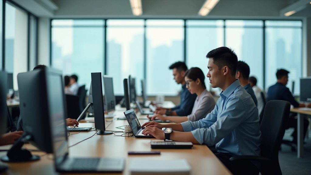 Busy open office workspace with multiple employees at desks working together