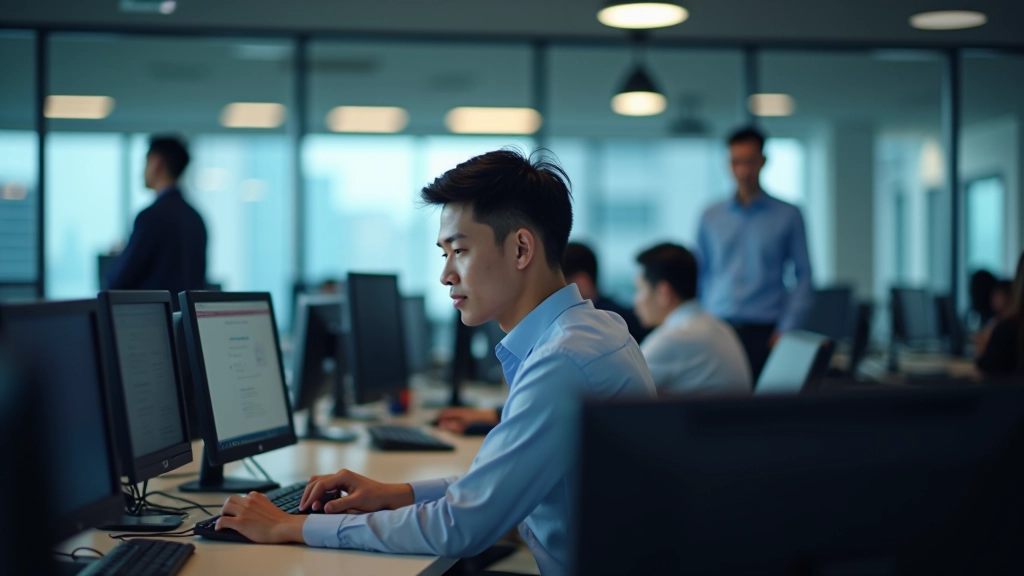 Workspace with visible distraction sources: notifications on screen, open tabs, people in background, scattered papers