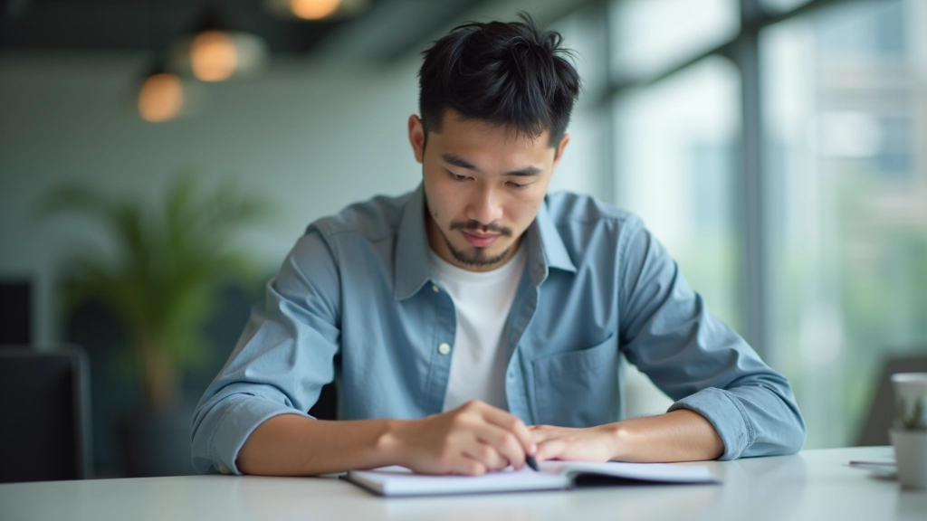 Person focused at desk with notebook and pen, professional workspace with minimal distractions