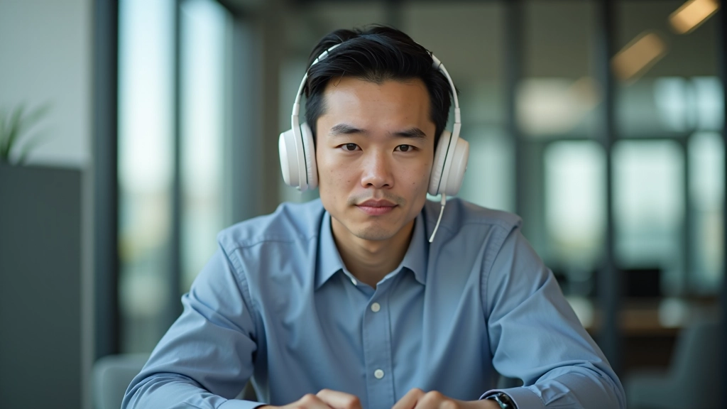 Person at modern desk with focused expression, blocking out office distractions with noise-canceling headphones, bright workspace lighting