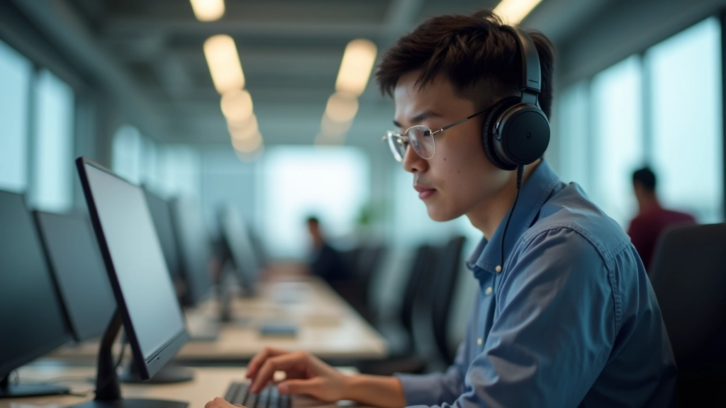 Person at desk in busy office, wearing headphones, focused work environment