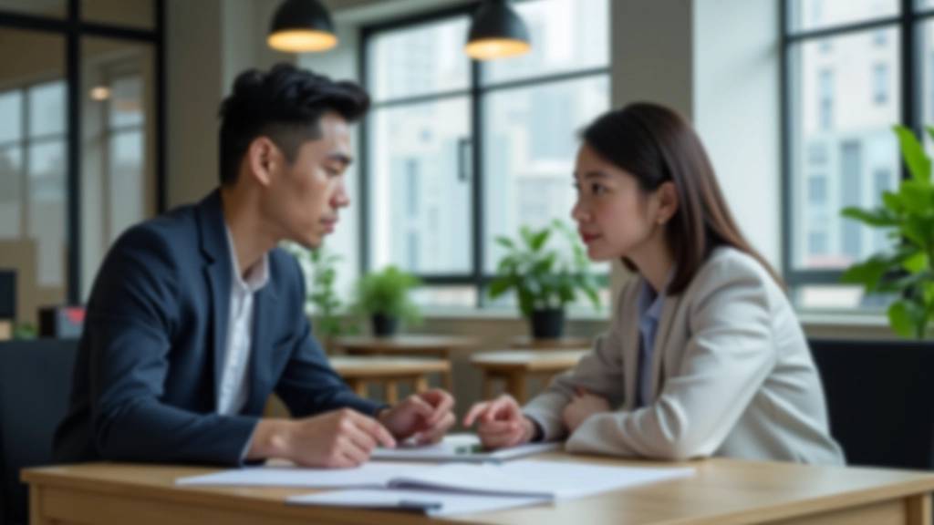 Team meeting or discussion in office space with colleagues talking at desk